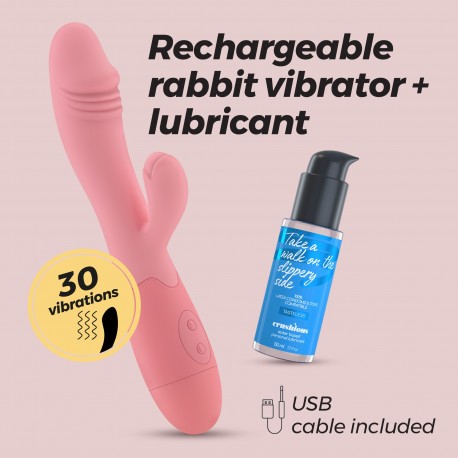 VIBRADOR RECARREG&Aacute;VEL COM ESTIMULADOR DE CLIT&Oacute;RIS BLOSSOMS ROSA PASTEL E LUBRIFICANTE &Agrave; BASE DE &Aacute;GUA INCLU&Iacute;DO CRUSHIOUS